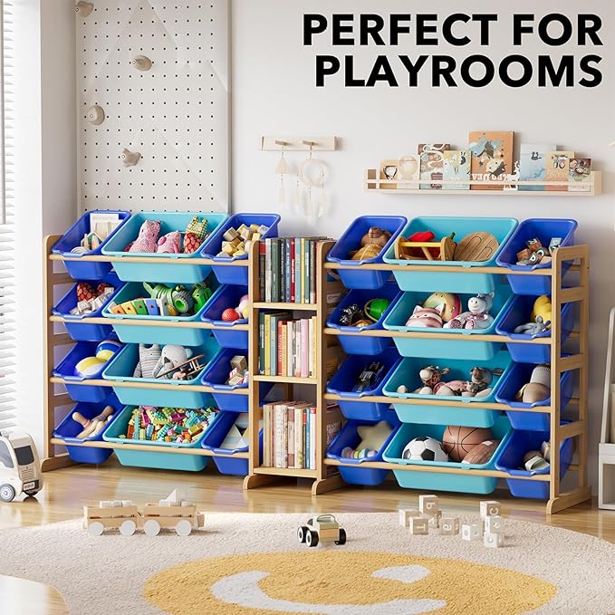SpaceAid Large Toy Storage Organizer with 24 Bins and 3 Shelves, Toy Organizers Storage Bookshelf, Kids Bin Shelf Box Bookcase for Bedroom Playroom Organization Room Decor, Blue and Navy Blue
