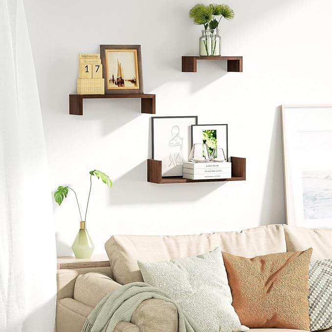 SRIWATANA Floating Shelves Wall Mounted, Solid Wood Wall Shelves Set of 3, Dark Brown…