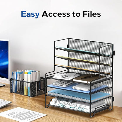 SUPEASY 7 Tier Desk File Organizer, Mesh Letter Tray Paper Organizer with File Holders, Metal Desktop Organizers and Accessories for Home Office Supplies, Black