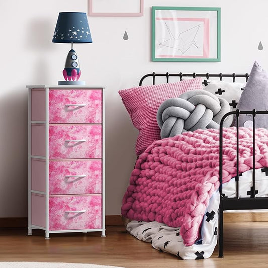 Sorbus Dresser Storage Tower, Organizer Drawers for Closet Boys & Girls Bedroom, Bedside Furniture, Chest for Home, College Dorm, Steel Frame, Wood Top, Tie-dye Fabric Bins(4-Drawer, Pink)