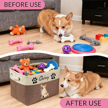 Personalized Dog Toy Basket with Name Photo Custom Dog Food Storage Bins Collapsible Organizer for Toys Dolls Clothing-Brown