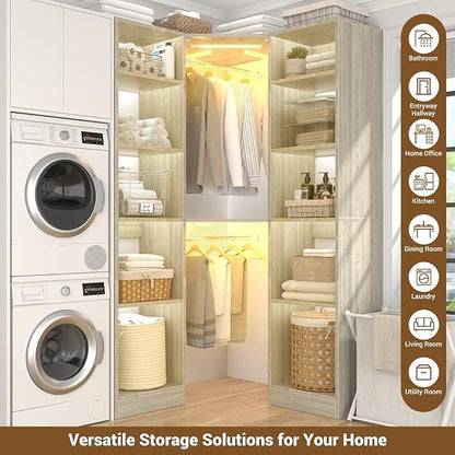 Corner Closet System with 2 Motion Sensor Lights, 39.2" Corner Closet Organizer with 12 Shelves, Closet System with 2 Hanging Rods, Versatile 6-Tier Walk-in Closet for Corner Space, White Oak