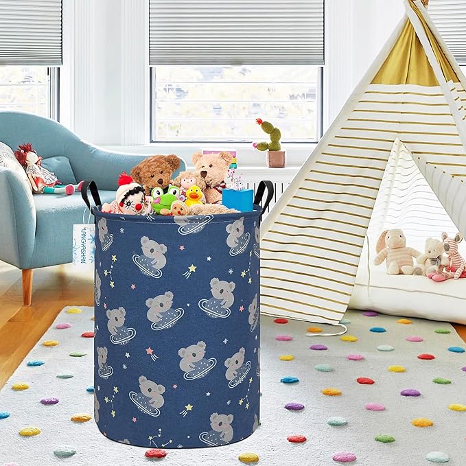 LANGYASHAN Laundry Basket Canvas Fabric Collapsible Organizer Basket for Storage Bin Toy Bins Gift Baskets Bedroom Clothes Children Nursery Hamper (Space Koala)
