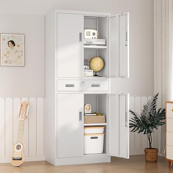 Metal Storage Cabinet, 71" H x 28" W x 16" D Locking Storage Cabinet with Adjustable Shelves and One Drawer for Office, Garage, Home, School, Utility(White)