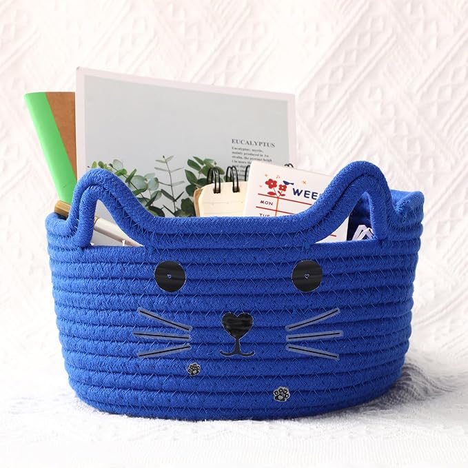 Zopeal Cat Basket Storage Woven Organizer with Ears Easter Decorative Gift Pet Toy Cute Cotton Rope Basket for Gift Cat Dog Toy Bin Nursery Room(8.3 x 4.7 Inch,Royal Blue)