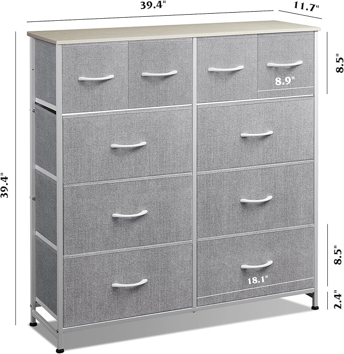 WLIVE Fabric Dresser for Bedroom, Dresser Organizer with 10 Drawers, Storage Tower with Fabric Bins, Double Dressers, Chest of Drawers for Closet, Living Room, Hallway, Light Grey