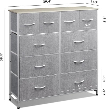 WLIVE Fabric Dresser for Bedroom, Dresser Organizer with 10 Drawers, Storage Tower with Fabric Bins, Double Dressers, Chest of Drawers for Closet, Living Room, Hallway, Light Grey