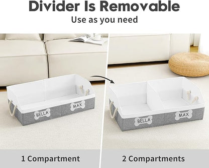 Beveetio Large Dog Toy Basket, Collapsible Fabric Dog Toy Bin with Removable Divider & DIY Tags, Trapezoid Storage Box with Rope Handles for Pet Supplies, Perfect for Living Room Storage-Grey&White