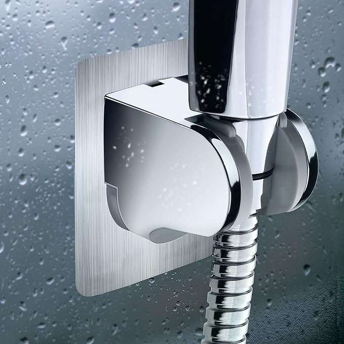 2 Pack No Drilling On Wall Mounted Shower Bracket for Handheld Shower Head, Strong Self Adhesive and Waterproof Shower Head Holder Adjustable to Meet Any Space Bathroom, Chrome