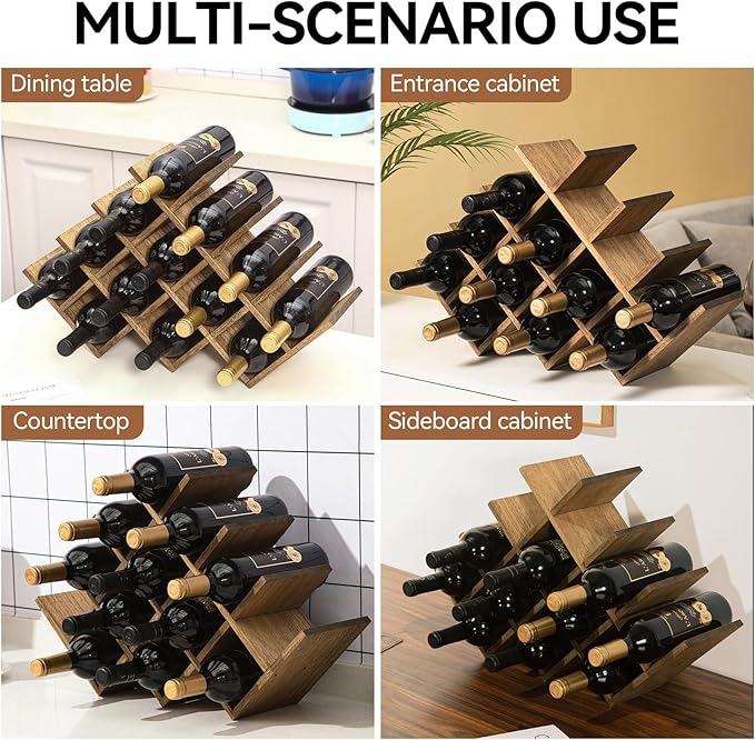 KIRIGEN 13-Bottle Wine Rack 4-Tier Nature Wood Wine Display Rack/Standing and Countertop Storage Shelf - Bottle Holder/Cabinet Glass 4-Layer Dark Brown XHJJ4-DBR
