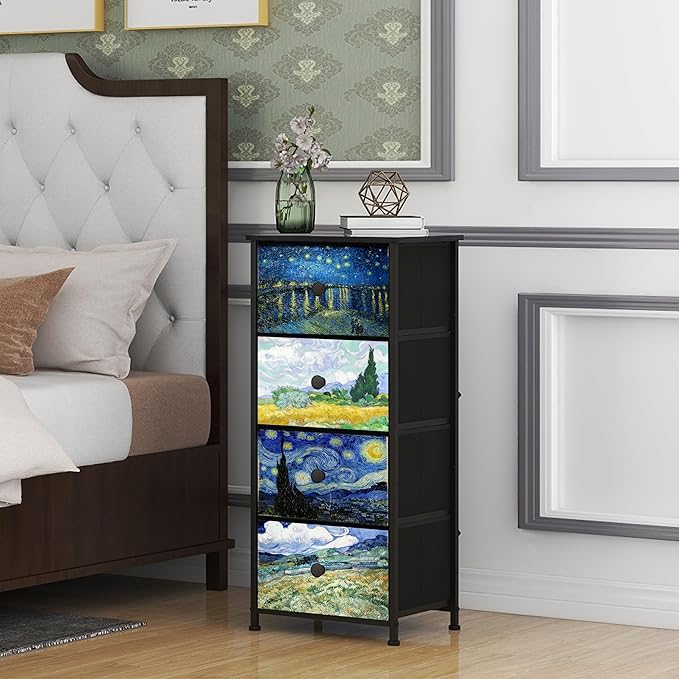 Narrow Dresser for Bedroom Slim 4 Drawer Dresser Vertical Storage Tower Unit for Living Room Hallway Kids Room Nursery Closet Sturdy Steel Frame Wooden Top Easy Pull Handle