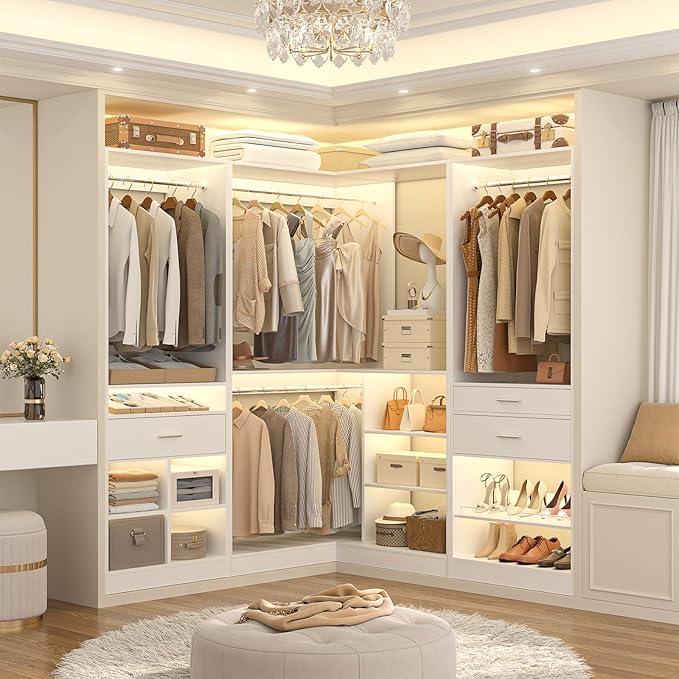 Unikito 86" Corner Closet System, Modular Closets Organizer with 4 Hanging Rods and Storage Shelves, Freestanding Adjustable Wood Clothes Garment Rack with Drawers, Sturdy Walk in Closet Tower, White