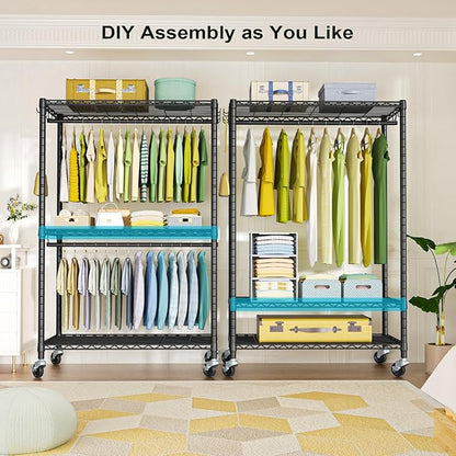 FUTASSI P3 Plus Rolling Clothes Rack, Clothing Racks for Hanging Clothes, Heavy Duty Garment Rack with Wheels, Freestanding Portable Closet Rack 45" W x 14" D x 78.5" H, Max Load 480 LBS, Black