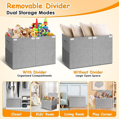Large Toy Storage Box with Lid Upgraded Toy Chest Organizer with Removable PP Divider Foldable Toy Bin for Kids Boys Girls Linen Fabric Toy Box for Playroom Nursery Bedroom (25"x13"x16")