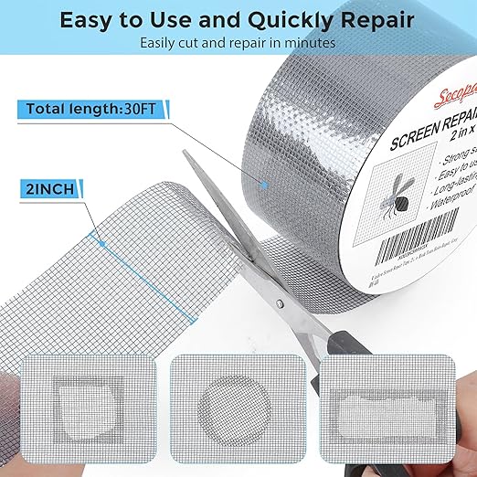 Grey Window Screen Repair Tape, 2IN X 30FT (360IN) Screen Repair Kit for Windows or Doors, Strong Adhesive Patch Kit Fiberglass Mesh Tape (Pack of 2)