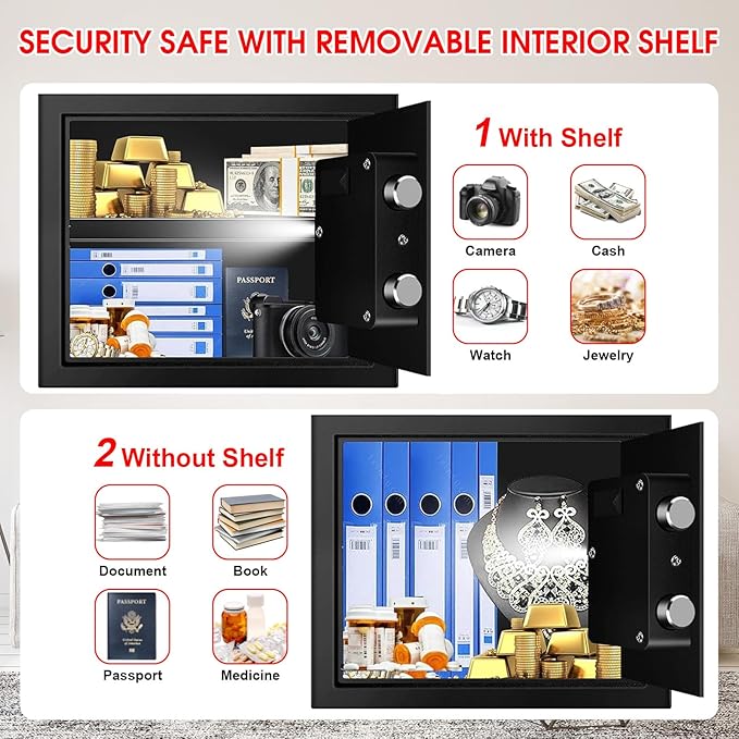 1.6 Cu ft Small Fireproof Safe Box, Digital Security Home Safes Water and Fireproof with Electronic Keypad Keys and Alarm System, Fire Safe for Home Money Medicine Valuables