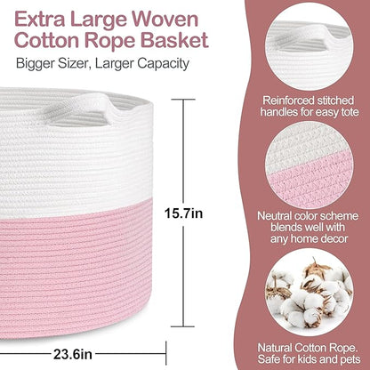 115L Pink Basket for Organizing, 23.6“x15.7" XXXL Blanket Storage for Living Room, Extra Large Toy Box, Soft Woven Cotton Rope Bin, Decorative Baby Nursery Basket, Girls Pink Room Decor