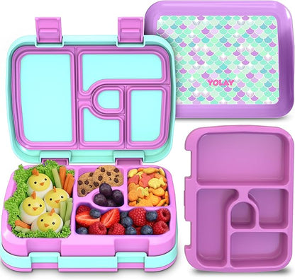 YOLAY Bento Box for Kids Lunch Box Leak-Proof, 5-Compartment Lunch Box Kids for Ages 3-10, Durable with Anti-Slip Base, Suitable for Schools, Outdoor and Travel (Mermaid) (Scallop)