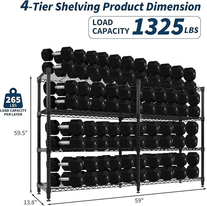 4-Tier Metal Storage Shelves, Adjustable Wire Shelving Unit for Garage, Pantry, Basement & Kitchen, Easy Assembly, 59" w x 13.8" d x 59.5" h, 265 Lbs Per Tier