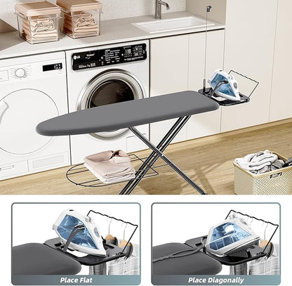 KINGBOARD Ironing Board, Compact Iron Board Full Size with Extra Thick Cover, 7 Adjustable Heights Stand with Hanger and Iron Rest, Large Heavy Duty Ironing Board with Storage Tray, 13x43 Black