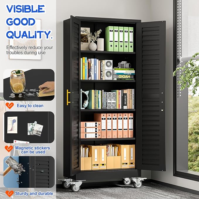 71” Metal Garage Storage Cabinet with Lock and Wheels, Metal Storage Cabinet with Louvered Door and 4 Adjustable Shelves, Rolling Tool Cabinet, Utility File Cabinet for Home Office -Black