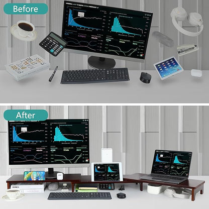 Nnewvante Large Dual Monitor Stand Riser, 60 inch Bamboo Monitor Stand with Adjustable Length and Angle, 3 Shelves Desktop Screen Riser for Computer Laptop PC, Walnut