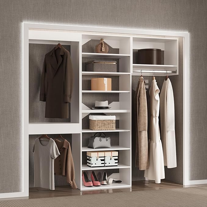 Modular Closet, 84" Wide Organizer with Towers and Hanging, Wood Tower Storage for Walk-in Closets, Wall-Mounted Wardrobe Organizer Kit, White