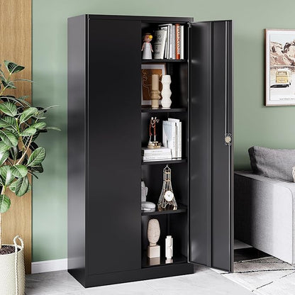Metal Storage Cabinet with Locking Doors, Tall Cabinets for Home, Office, Warehouse Organizer (Black)