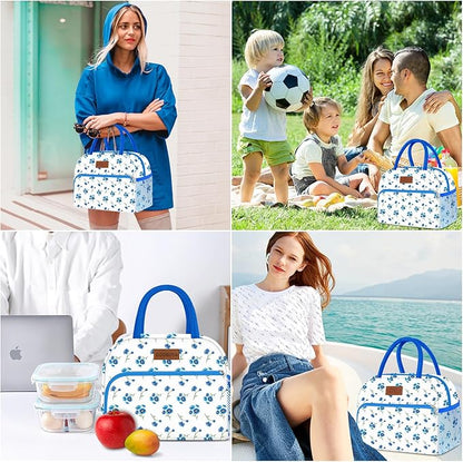 Coobiiya Lunch Bag Women, Lunch Box for Women Adult Men, Small Lunch Bag Leak-proof Cute Lunch Tote Large Capacity Reusable Insulated Cooler for Work/Office/Picnic/Travel-Blue Daisy