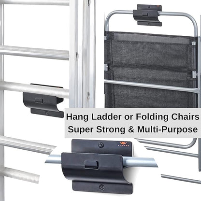 Ladder Hanger set of 4 For Garage Wall - Black Heavy Duty Utility Hook For Wall Mount Ladder Storage. Versatile Tool Holder To Maximize Space In Garden, Shed, Workshop, Hang Wheelbarrow, Folding Chair