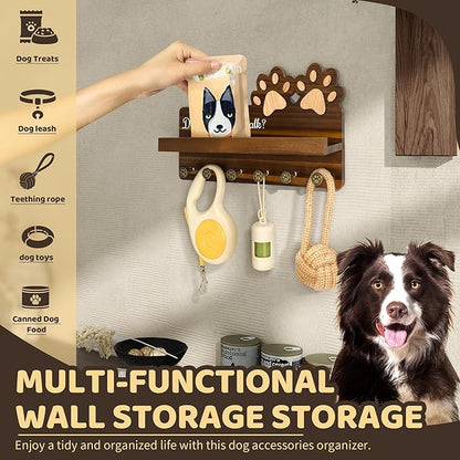 Rebee Vision Dog Leash Holder for Wall with Shelf – Wooden Key Holder Wall Mount with 6 Hooks & Floating Shelf – Cute Farmhouse Home Decor for Entryway, Living Room, Kitchen Decor(Dark Acacia)