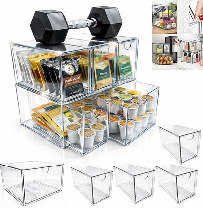 Coffee Pod and Tea Bag Organizer Drawer – Crystal-Clear Acrylic Tea Bag Drawer, Easy to Clean & Stackable for K-Cups, Tea, Sugar Packets in Office, Gym & Kitchen Cupboard (5-Pack)