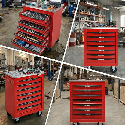 7-Drawer Rolling Tool Chest with Stainless Steel Countertop,Tool Chest with Secure Locking System,Mobile Storage Tool Cabinet with 360°Wheels and Padded Feet,for Home,Garage (Red)