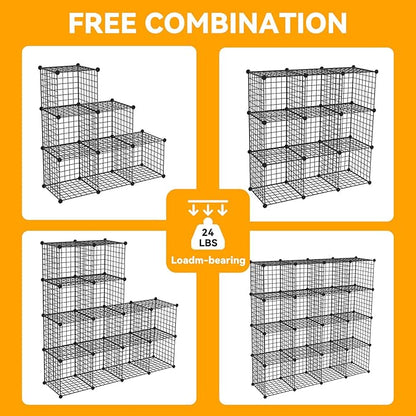 HUBSON Wire Cube Storage Organizer, Book/Toy/Craft/Potted Plants and petCloset Organizers and Storage Shelves, 9-Cube Freely Combinable Metal Grids Storage Shelf,Black Iron