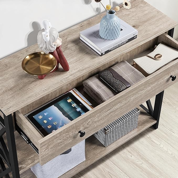 Yaheetech Console Table with Power Outlets and USB Ports, Wooden Entryway Table with Drawer and Open Shelves, Narrow Sofa Tables with Metal Frame for Living Room, Couch, Hallway, Grey