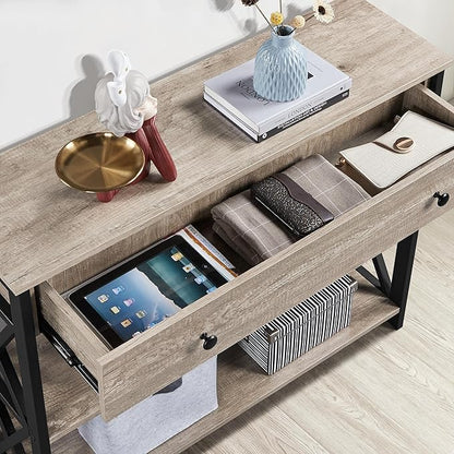 Yaheetech Console Table with Power Outlets and USB Ports, Wooden Entryway Table with Drawer and Open Shelves, Narrow Sofa Tables with Metal Frame for Living Room, Couch, Hallway, Grey