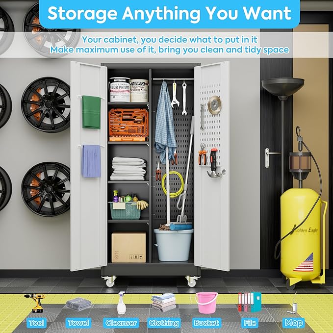 Metal Broom Closet Storage Cabinet, Garage Storage Cabinet with Wheels, Pegboard, Lockable Doors, 4 Adjustable Shelves for Garage, Home, Black and White, 71" H x 31.5" W x15.75 D