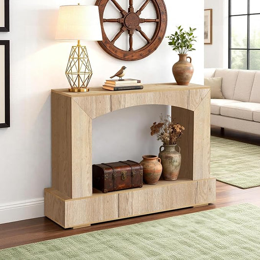 46 Inch Entryway Table U-Shaped, Wooden Console Table with Socket Farmhouse Sofa Table for Entrance, Hallway, Living Room,Behind Couch((Natural Brown)