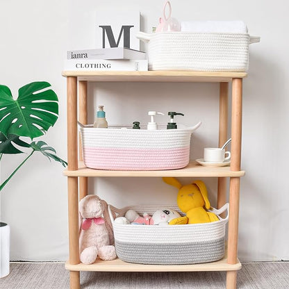 ABenkle Small Storage Basket with Handles, Cotton Rope Woven Dog Cat Toy Bin, Decorative Shelves Closet Organizing for Nursery Laundry Bedroom, 14.2''x 11''x 5.1''