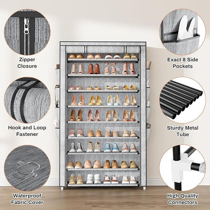 Shoe Rack with Cover, 10 Tier Shoe Organizer Storage for 40-50 Pairs Sneaker and Boots, Large Capacity, with 8 Pockets, Free Standing Tall Shoe Rack for Front Door Entrance, Closet, Printing