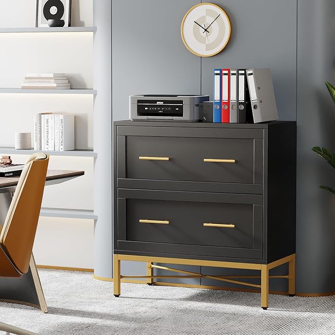 Tribesigns 2 Drawer File Cabinet, Modern Wood Lateral Filing Cabinet for Letter/Legal/A4 Size, Large File Storage Cabinets Printer Stand with Storage for Home Office, Black and Gold