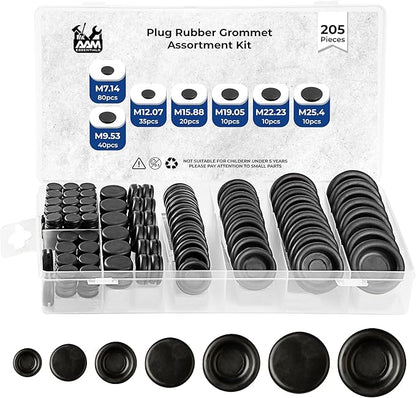 Rubber Plugs for Round Holes-205pcs Assorted Rubber Grommets in 7 Sizes M25.4, M22.23, M19.05, M15.88, M12.07, M7.14, M9.53-Waterproof Rubber Grommet Kit Wire Grommet Perfect for Sealing Auto Panel