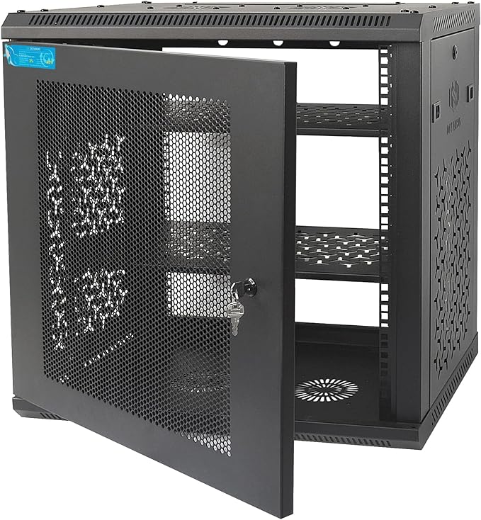 12U Wall Mount Server Cabinet with A Lockable Front Vented Door, Cooling Fans, Removable Side Panels - 45cm Depth, 19" Network Rack Including 2 PCS Full-Size Rack Shelves for IT Equipment