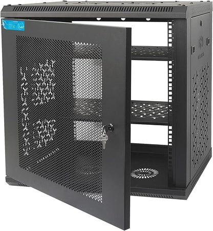 12U Wall Mount Server Cabinet with A Lockable Front Vented Door, Cooling Fans, Removable Side Panels - 45cm Depth, 19" Network Rack Including 2 PCS Full-Size Rack Shelves for IT Equipment