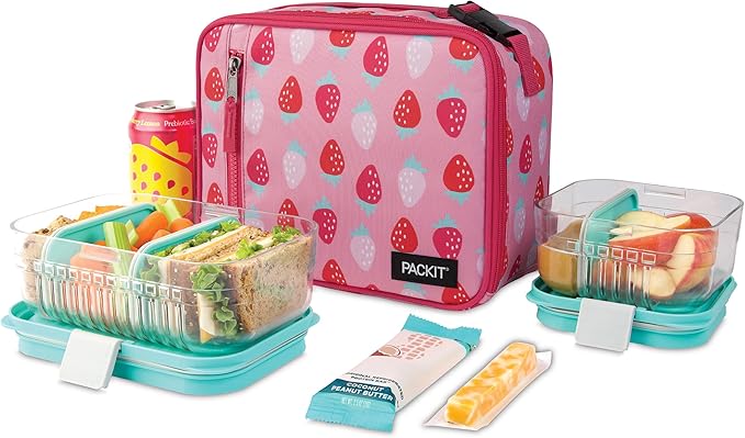 PackItFreezable Classic Lunch Box, Sweet Strawberry, Built with EcoFreezeTechnology,Collapsible, Reusable, Zip Closure With Zip Front Pocket and Buckle Handle, Designed for Fresh Lunch On the Go