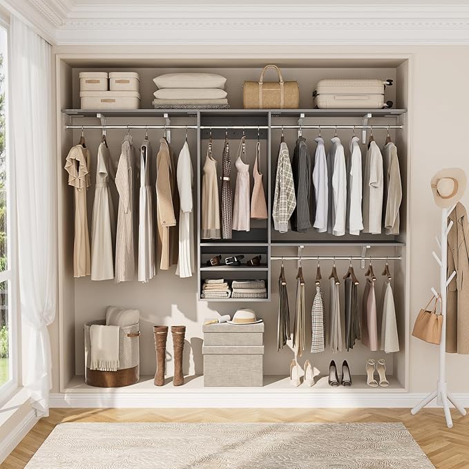 Cyclysio 96 Inch Closet System, 8 FT Hanging Closet Organizer System, Walk in Closet System with 4 Adjustable Rods and 3 Shelving Towers for 4-8FT Spaces(Cut-to-Fit), Gray