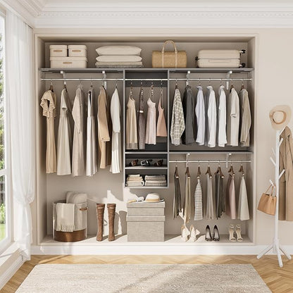 Cyclysio 96 Inch Closet System, 8 FT Hanging Closet Organizer System, Walk in Closet System with 4 Adjustable Rods and 3 Shelving Towers for 4-8FT Spaces(Cut-to-Fit), Gray