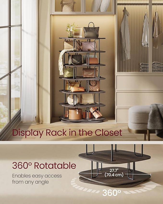 VASAGLE 7-Tier Shoe Rack, Rotating Shoe Rack Tower, Shoe Closet Organizer, Shoe Shelf, 28-35 Pairs, 23.6 x 23.6 x 47.2 Inches, for Entryway, Living Room, Closet, Ink Black and Ash Brown ULBS041B01