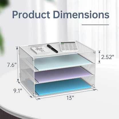 DALTACK 3 Tier Letter Tray Paper Organizer Mesh Metal Desk File Organizer for Home & Office, White