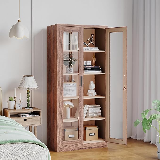 Glass Display Cabinet,Metal Storage Cabinet with Doors and 4 Adjustable Shelves,Lockable Glass Display Case for Home,Office and Exhibition Hall (Rustic Brown)